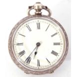 Ladies last quarter of 19th century silver cased fob watch, blued steel hands to a white enamel dial