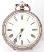 Ladies last quarter of 19th century silver cased fob watch, blued steel hands to a white enamel dial