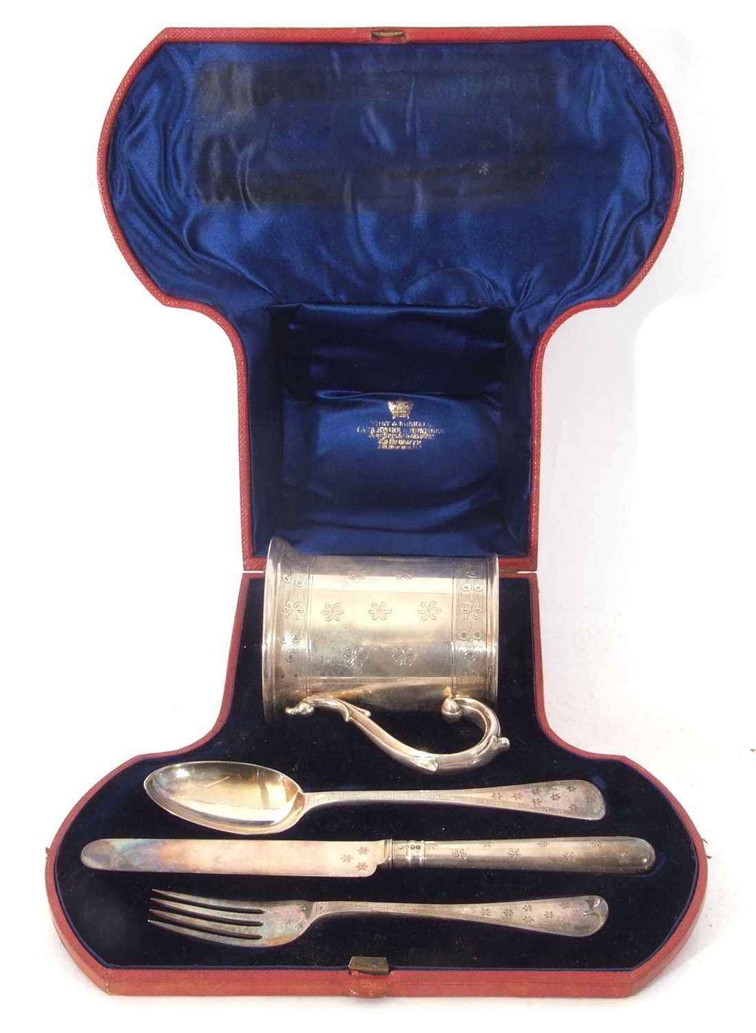 Cased Victorian silver four-piece christening set comprising a mug, makers mark John Samuel Hunt, - Image 3 of 12