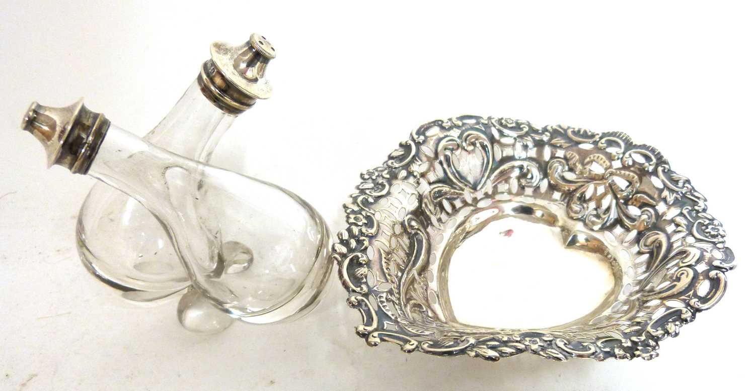 Late Victorian pierced and embossed bon-bon dish of heart shape with plain centre and raised on - Image 2 of 4