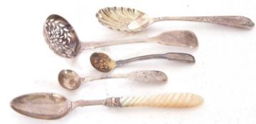 Mixed Lot: George III silver Fiddle pattern sifter spoon, London 1810, a Victorian preserve spoon