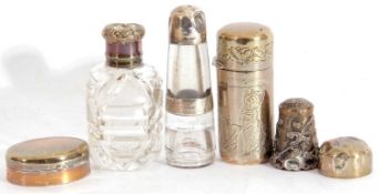 Mixed Lot: Victorian silver cylindrical scent bottle, London 1881, (a/f), Edwardian silver pill box,