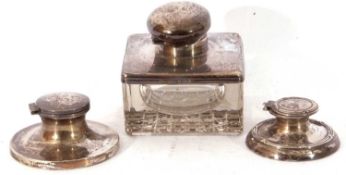 Mixed Lot: George V square glass inkwell with heavily cut hobnail design base, plain silver collar