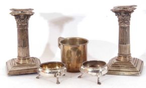 Mixed Lot: pair of silver dwarf candlesticks on square bases with beaded edge, the fluted centre