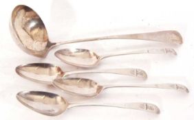 Mixed Lot: four George III Old English pattern silver table spoons, engraved with initials and