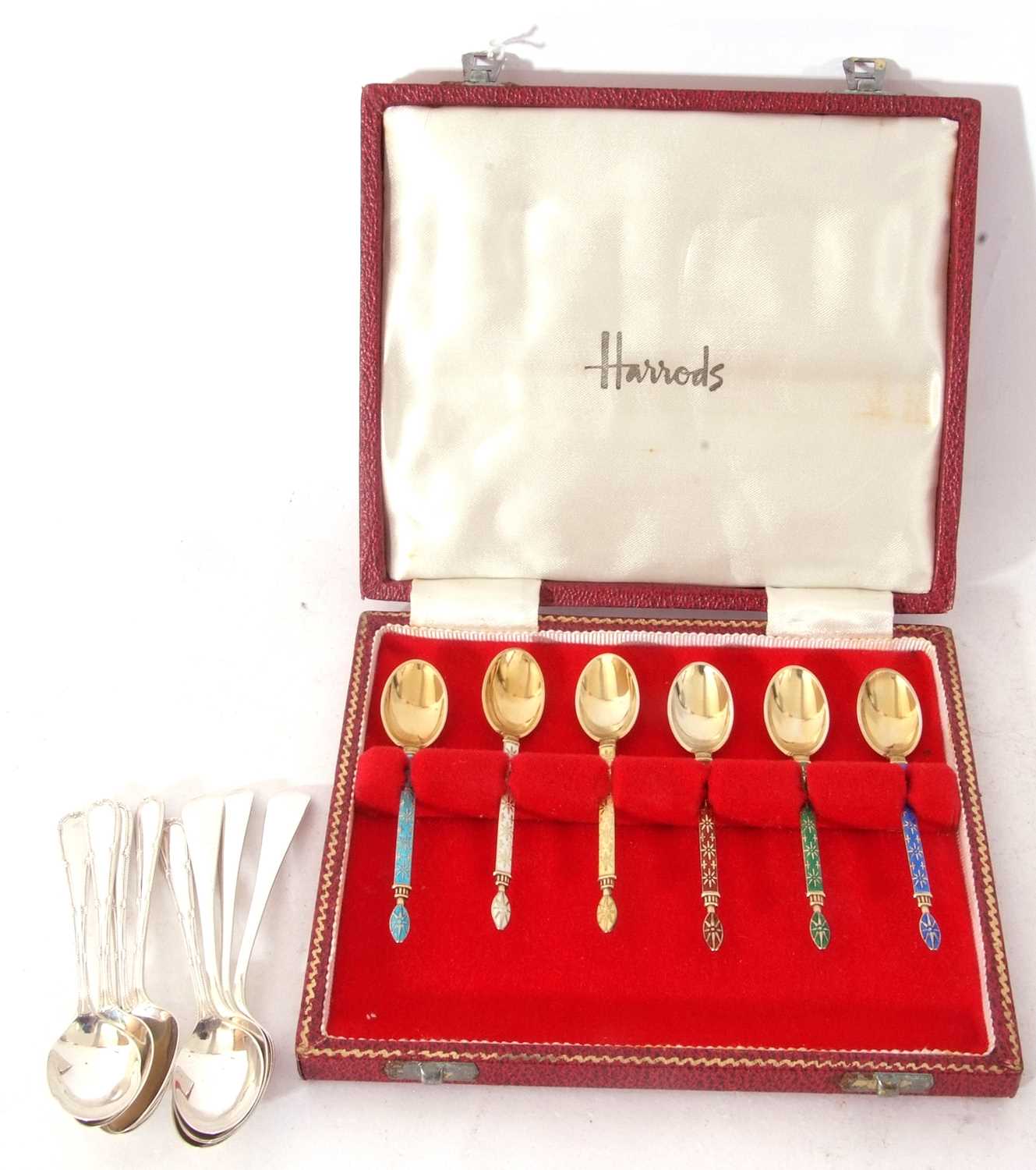 Harrods cased set of six import hallmarked Scandinavian silver gilt and harlequin enamelled coffee