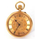 Ladies last quarter of 19th century hallmarked 18ct gold cased large fob watch, black steel hands to