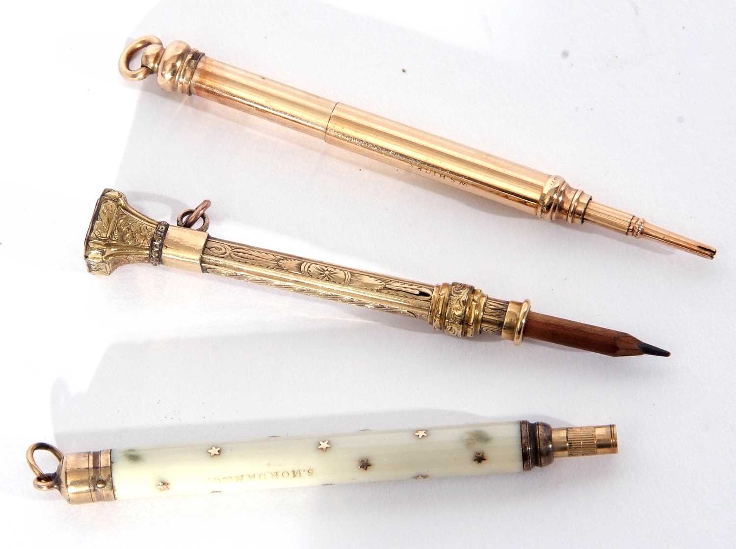 Mixed Lot:: Three gold plated small propelling pencils, the first of plain cylindrical form, stamped - Image 2 of 7