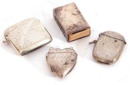 Mixed Lot: Victorian heart shaped vesta, chased engraved detail, with a shield shaped cartouche