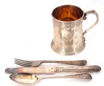 Cased Victorian silver four-piece christening set comprising a mug, makers mark John Samuel Hunt,