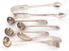 Group of five Georgian silver condiment spoons, mixed dates and makers, together with a pair of