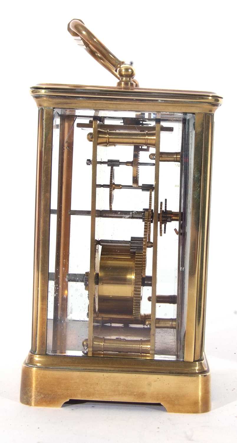 First quarter of the 20th century large French brass and glass panelled carriage clock of plain - Image 6 of 8
