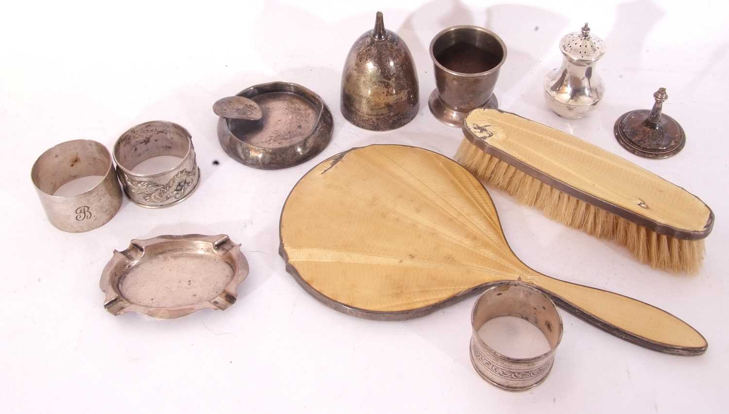 Mixed Lot: hallmarked items including baluster pepper, egg cup, two ashtrays, two napkin rings - Image 2 of 2