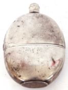 Georgian silver hip flask of oval form and screw on lid, engraved with initials, hallmarked London