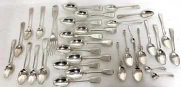 Heavy mixed lot: two sets of five Victorian Fiddle pattern tea spoons, London, 1857 by two makers, a