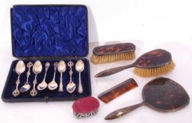 Mixed Lot: four piece silver and tortoiseshell dressing table wares comprising hair brush, mirror,