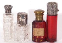 Mixed Lot: cut glass scent bottle of triangular clear glass body with silver screw on lid,