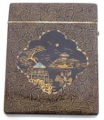 Antique papier mache card case with hinged lid, elaborately decorated both sides in gilt swirls/