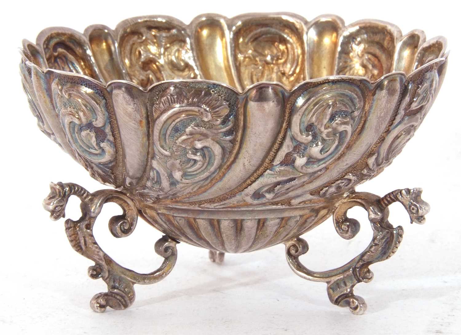 Mixed Lot: Victorian silver embossed bowl, scroll and fluted wrythen design, supported on three - Image 5 of 5