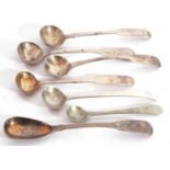 Mixed Lot: four Fiddle pattern salt spoons, one Victorian, three Georgian, to include Newcastle