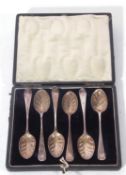 Set of six 18th century silver tea spoons, Old English pattern, with feather decorated bowls,