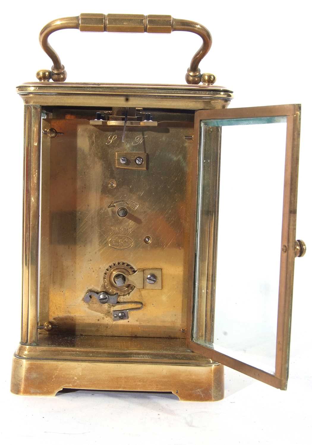 First quarter of the 20th century large French brass and glass panelled carriage clock of plain - Image 5 of 8