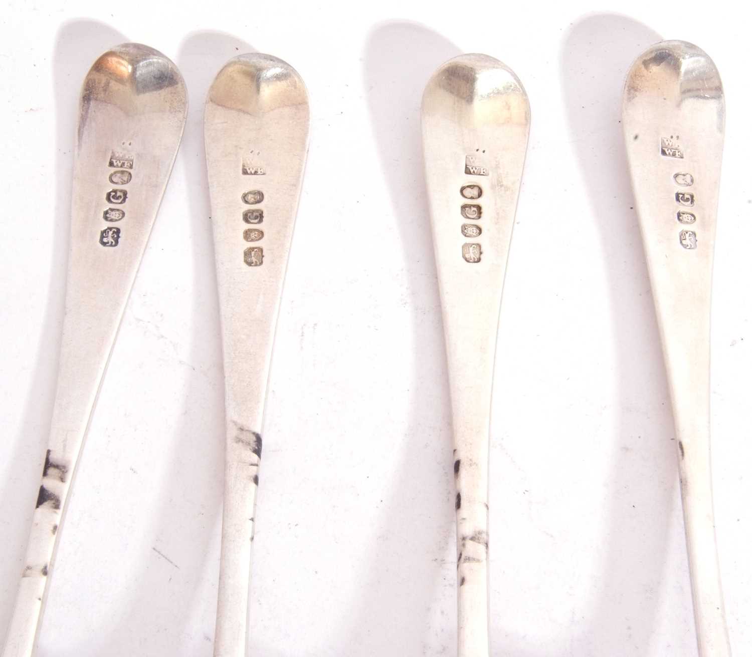 Set of four Georgian Old English table spoons engraved with family monogram, London 1802, maker's - Image 7 of 7