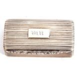 William IV silver snuff box of rectangular form with all-over ribbed design, the lid with engraved