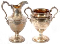 Victorian silver twin handled sucrier and matching jug of baluster form with beaded borders and