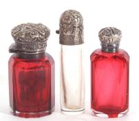 Mixed Lot: Victorian ruby glass scent bottle with white metal embossed hinged lid and cover (