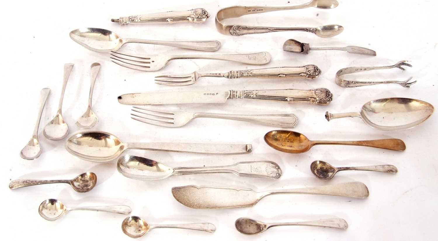 Group of ten assorted small hallmarked spoons including seven condiment spoons, two small pairs of - Image 2 of 2