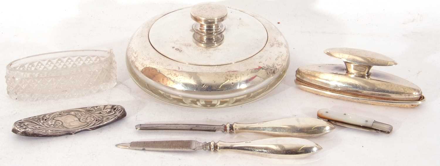 Mixed Lot: group of silver mounted dressing table items including circular powder bowl with cut