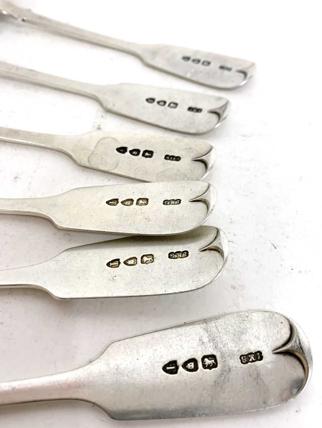 Set of six silver Fiddle pattern dessert spoons, London 1894, Spink & Son, 293gms - Image 5 of 5