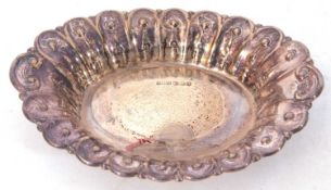 Small oval silver dish, fluted and beaded design, Sheffield 1973, James Dixon & Sons Ltd, 67gms,