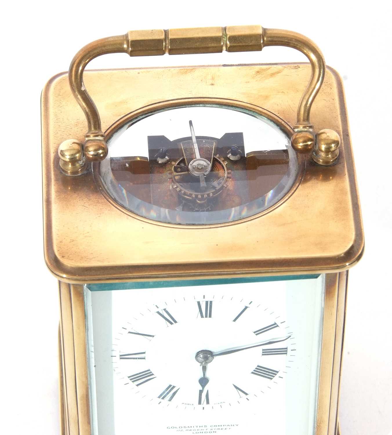 First quarter of the 20th century large French brass and glass panelled carriage clock of plain - Image 7 of 8