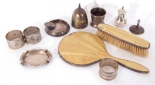 Mixed Lot: hallmarked items including baluster pepper, egg cup, two ashtrays, two napkin rings