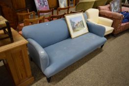 LATE 19TH/EARLY 20TH CENTURY BLUE UPHOLSTERED SOFA ON TURNED LEGS, 168CM WIDE