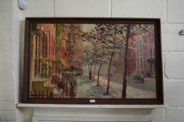 OLEOGRAPH PRINT OF A STREET SCENE, FRAMED, 109CM WIDE