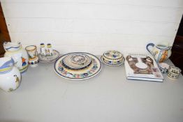 MIXED LOT : ASSORTED QUIMPER JUGS, PLATES AND OTHER ITEMS PLUS A GUIDE BOOK TO THE POTTERY