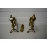PAIR OF BRASS FIRE DOGS AND A POKER STAND (3)