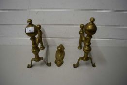 PAIR OF BRASS FIRE DOGS AND A POKER STAND (3)