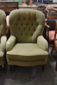 20TH CENTURY BUTTON BACK ARMCHAIR, UPHOLSTERED IN CHEQUERED FABRIC, RAISED ON TAPERING LEGS WITH