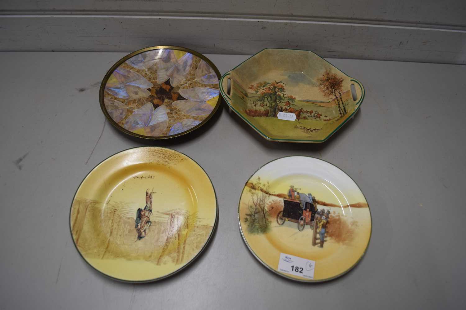 MIXED LOT : A ROYAL DOULTON FOX HUNTING DISH, TWO DOULTON SAUCERS AND A BUTTERFLY WING DECORATED