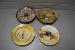 MIXED LOT : A ROYAL DOULTON FOX HUNTING DISH, TWO DOULTON SAUCERS AND A BUTTERFLY WING DECORATED