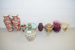 MIXED LOT : PAIR OF JAPANESE VASES, AN ART GLASS VASE PLUS VARIOUS OTHER SMALLER VASES, WHISKY