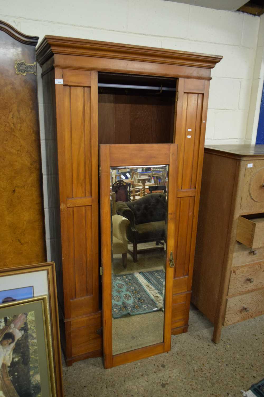 VICTORIAN SATINWOOD WARDROBE WITH MIRRORED DOOR AND SINGLE DRAWER BASE