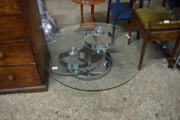 CONTEMPORARY DESIGNER GLASS AND STEEL COFFEE TABLE WITH REVOLVING TOP, 80CM DIAM