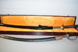 CASED MODERN SAMURAI SWORD TOGETHER WITH A FURTHER OFFICER'S TYPE SWORD WITH CURVED BLADE (2)