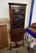EDWARDIAN MAHOGANY AND INLAID CORNER CABINET WITH GLAZED TOP SECTION AND DRAWER AND CUPBOARD BASE,