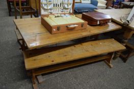 20TH CENTURY PINE KITCHEN TABLE AND TWO BENCHES, 152CM WIDE